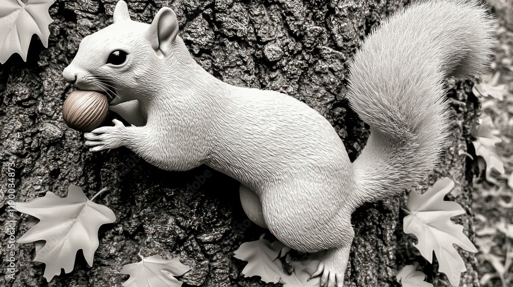 Poster squirrel holding nut on tree trunk in lush green forest setting with sunlight filtering through leav