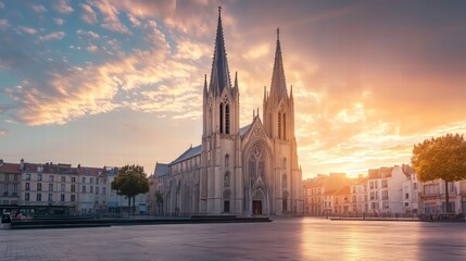 Naklejka premium Sunrise over city church square