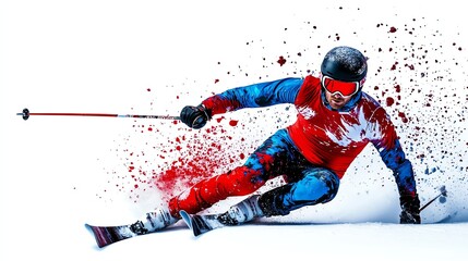 A skier racing downhill, intense speed, sharp turn with snow flying, professional winter sports vibe, isolated on white background