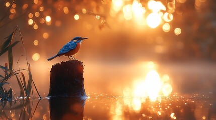Naklejka premium Kingfisher sunrise wetland perch, misty dawn