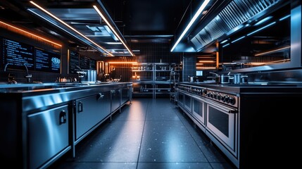 Obraz premium A modern kitchen featuring stainless steel appliances, sleek countertops, and ambient lighting, creating a stylish and functional culinary space.