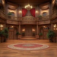 Obraz premium Grand wooden interior with balcony, chandelier, and red carpet.