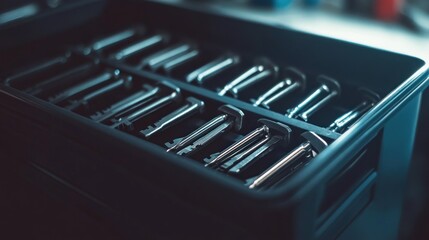 Close-up of organized metallic clamps neatly arranged inside a black plastic container.