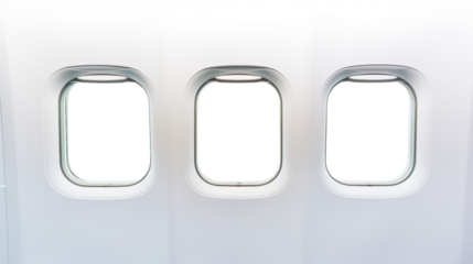  Three Empty Airplane Windows on transparent background 