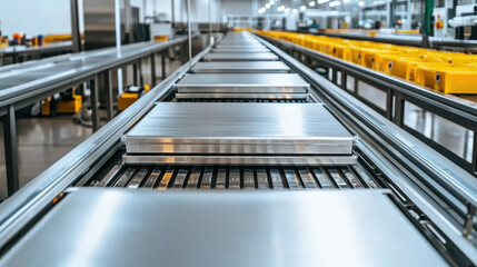 Fototapeta premium modern conveyor belt system transporting metal trays in warehouse environment, showcasing efficiency and organization