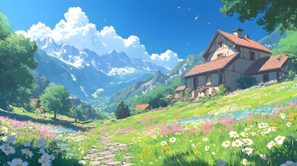 Fototapeta premium A quaint cottage in a vibrant meadow, surrounded by majestic mountains and clear skies.