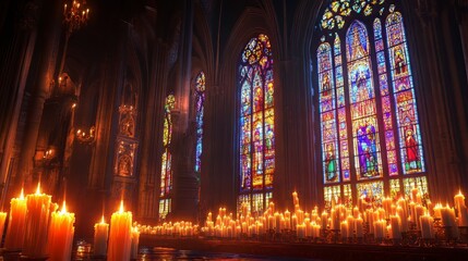 Fototapeta premium Candles and stained glass in cathedral