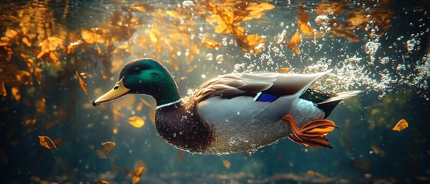 Mallard duck swimming underwater, autumn leaves
