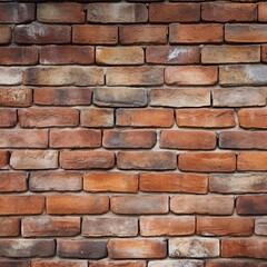 Obraz premium Rustic red and brown brick wall with rough surfaces and weathered details. Architectural background for construction and design projects