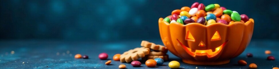 Halloween-themed dessert table with a large Jack o Lantern candy bowl filled with colorful candies and cookies on a dark blue background , jack o lantern, dessert table, treats