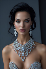 Brunette woman model with high-end jewelry in dramatic studio lighting 