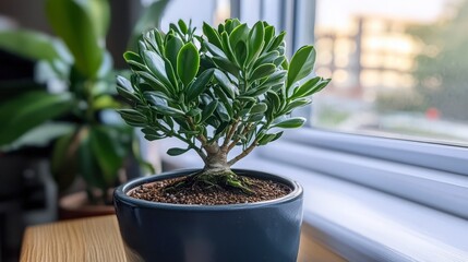 Fototapeta premium Jade Bonsai Plant in Pot Indoor Plant Home Decor Green Leaves