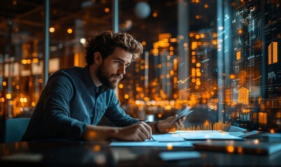 Man analyzing data, night city view