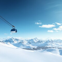 Highaltitude ski resort, cable car ascending snowy peaks, 3D illustration