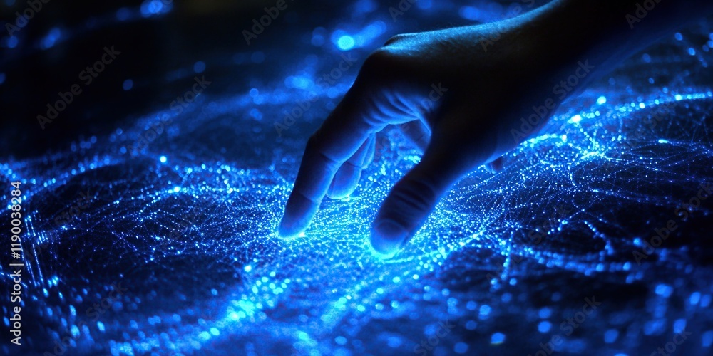 Poster exploring the digital landscape: a hand interacts with glowing network, illuminating connections and