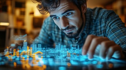 Man examines digital city model at home