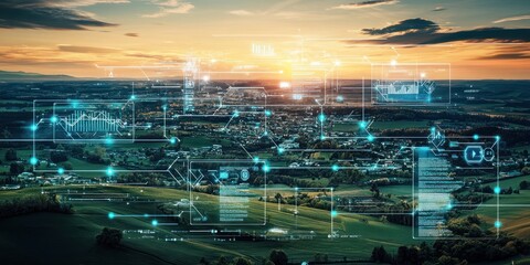 Smart city sunset, data network overlay, rural landscape, technological advancement