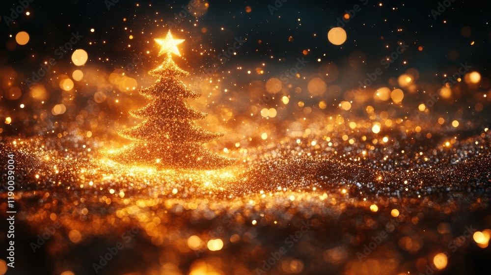 Poster abstract background with a christmas tree made of golden particles copy space