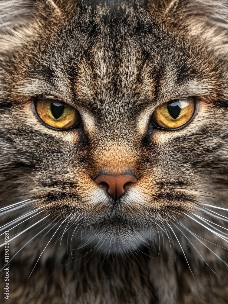 Poster close-up of a cat with intense gaze in natural setting under soft light
