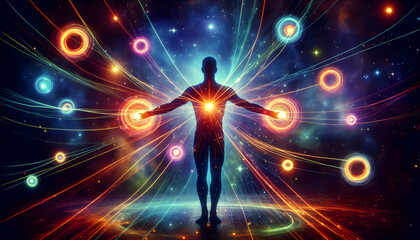 Vibration A silhouette stands with arms wide, encased in vibrant, multicolored energy rings Bright, luminous o4