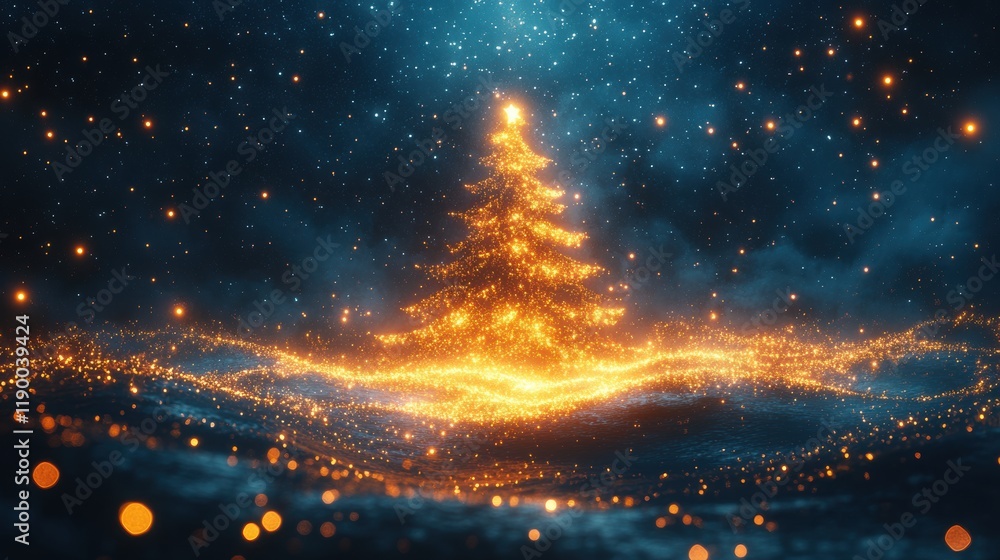 Poster abstract christmas tree made of glowing particles 3d rendering copy space