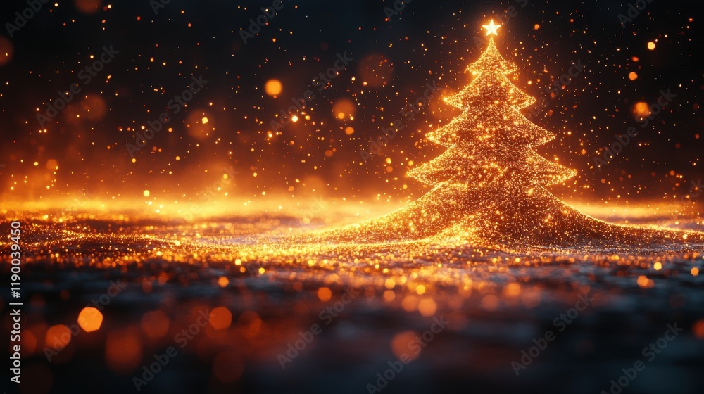 Poster abstract christmas tree made of glowing particles 3d rendering copy space