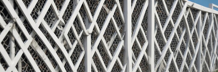 White wooden fence with triangle metal mesh panels, renovation, geometric, garden, backyard