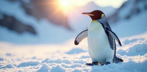 Fototapeta premium Happy penguin waddling in the snow, surrounded by soft natural light, wildlife, happy, nature