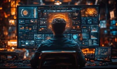 Man monitoring digital data, control room, futuristic tech