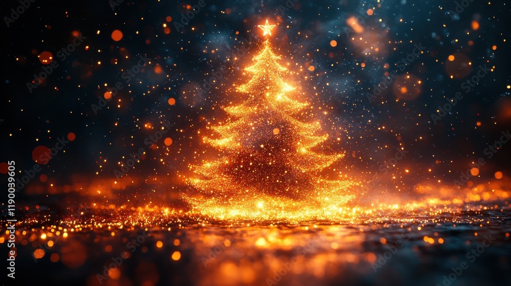 Poster abstract christmas tree made of glowing particles 3d rendering copy space