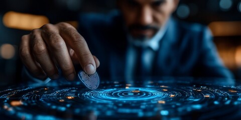 Man placing coin on digital interface; futuristic background; finance