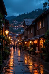 Fototapeta premium Romantic Evening Stroll Illuminated Street in Mountain Village with Traditional Architecture