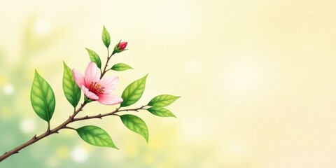 Delicate Pink Blossom Branch with Lush Green Foliage Against a Soft, Pastel Background, Ideal for Springtime Designs and Gentle Aesthetics