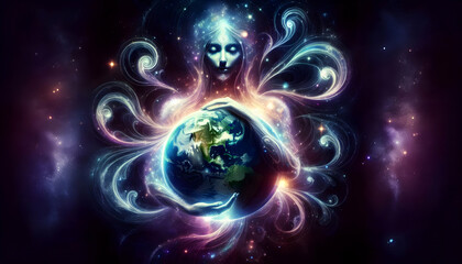 Obraz premium Vibration A radiant ethereal figure holds the Earth close, with intricate cosmic patterns flowing from its arm2