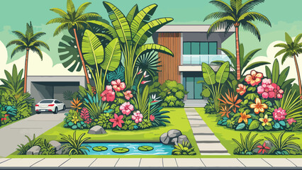 A lush tropical front garden with vibrant greenery, palm trees, banana plants, and colorful flowers like hibiscus and bougainvillea, complemented by a small koi pond and a wooden walkway. © Animasi