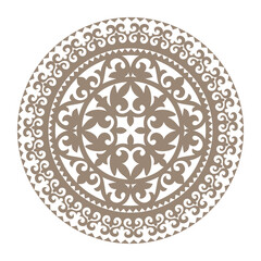 Gold round Kazakh national ornament, persian motiff on white background. Abstract Patterns of Turkic peoples, Kazakh, Kyrgyz, Mongol. Islam, Arabic, Indian, ottoman motif. Gold Medallion, embroidery