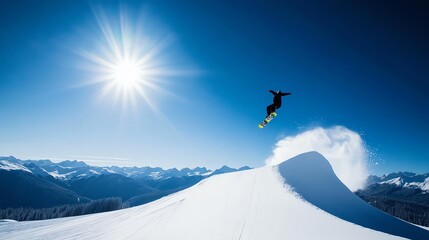 Snowboarder performing a high jump trick against a vibrant blue sky, capturing the thrill of winter sports in a resort setting