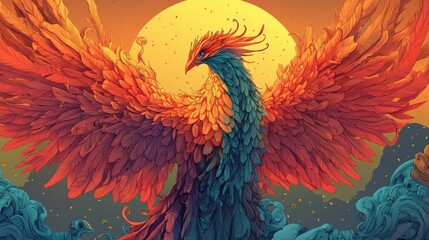 Obraz premium A vibrant phoenix rises against a warm sunset, symbolizing rebirth and transformation.