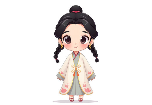 唐朝風のちびスタイル女の子、辮子とイヤリング、白蓮のドレスのベクターイラスト
