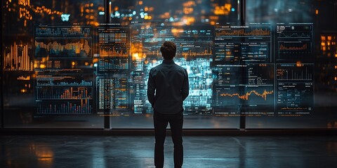 Man viewing data streams at night; city backdrop