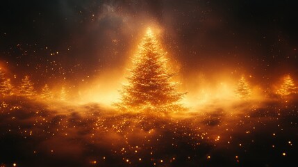 abstract christmas tree with golden lights and smoke on black background