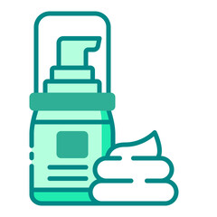 Shaving cream and pump bottle green filled line icon representing grooming products
