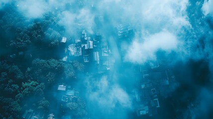 Aerial view of misty village surrounded by lush greenery.