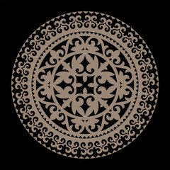 Gold round Kazakh national ornament, persian motiff on black background. Abstract Patterns of Turkic peoples, Kazakh, Kyrgyz, Mongol. Islam, Arabic, Indian, ottoman motif. Gold Medallion, embroidery