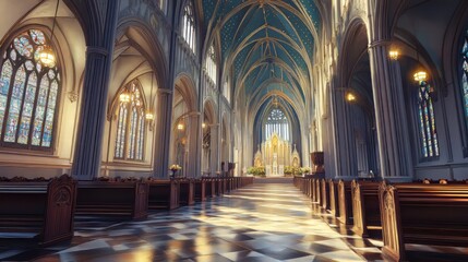 Sunlit cathedral interior, peaceful
