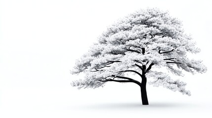 Snowy pine tree against a blank white sky, with no other elements to distract from its natural beauty