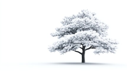 Snowy pine tree against a blank white sky, with no other elements to distract from its natural beauty