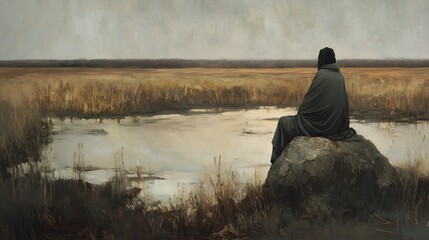 Contemplative Figure Seated on Rock in Dry Landscape Reflecting Quiet Solitude and Natural Beauty of Nature's Tranquil Environment