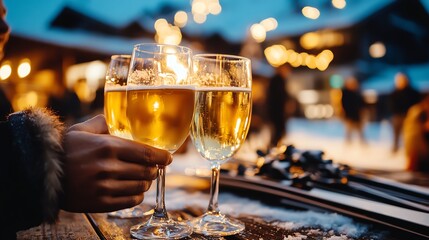 Obraz premium Vibrant apresski celebration, group of friends clinking glasses at a snowy outdoor bar, ski equipment leaning nearby, festive atmosphere