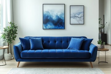  Blue velvet sofa with cushions and wooden legs against white wall in minimalist living room. Modern apartment interior with coffee table.